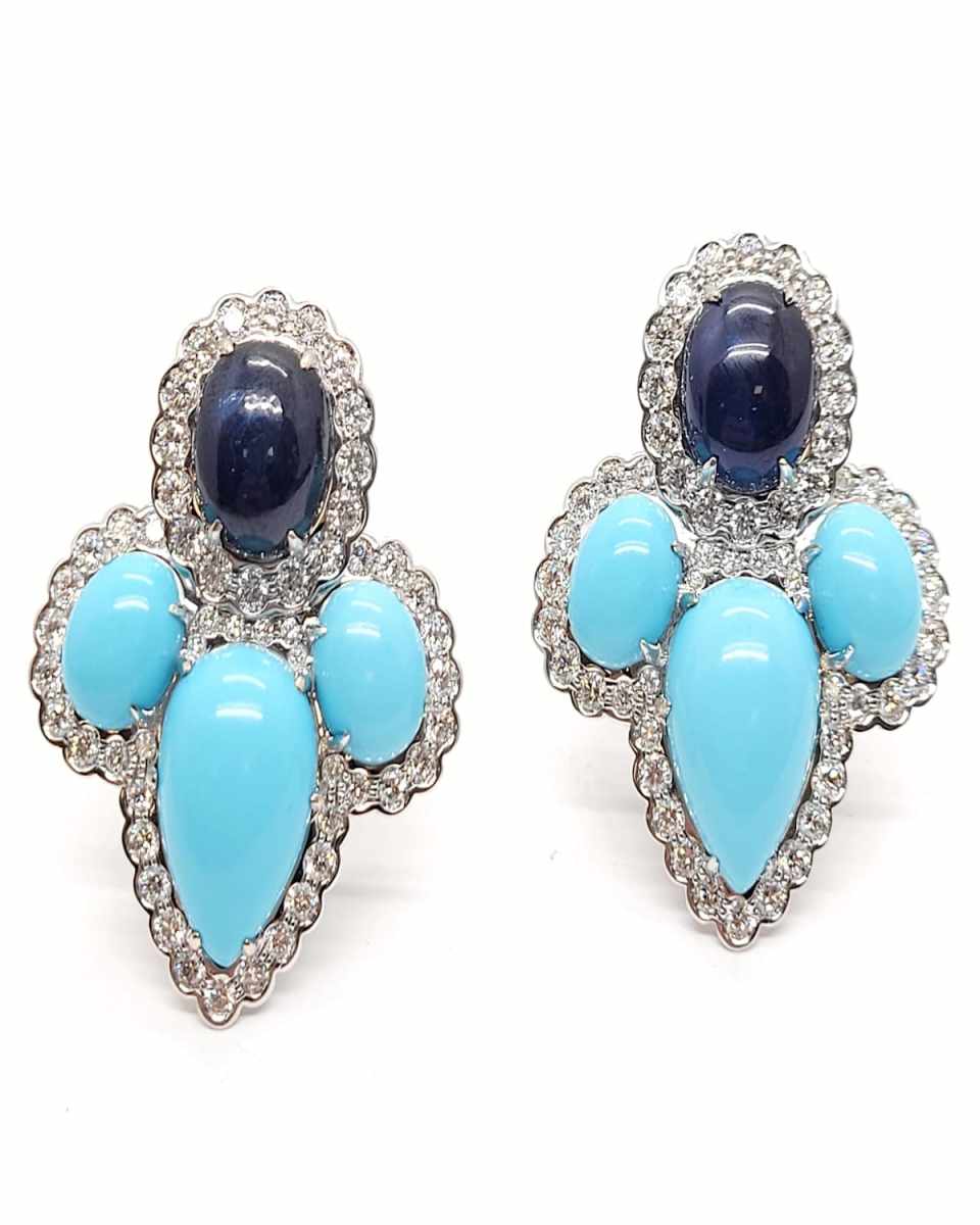 18K White Gold Diamond, Sapphire and Turquoise Earrings